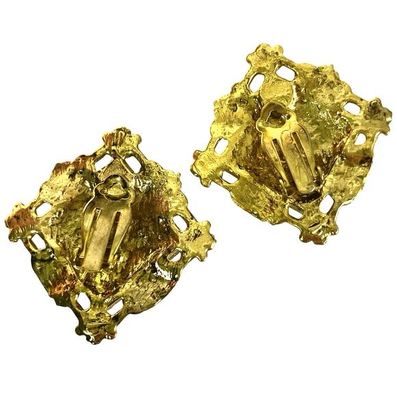 Vintage Cobalt Blue Glass Baroque Gold Tone Clip Earrings 60s 70s Statement - Picture 12 of 14